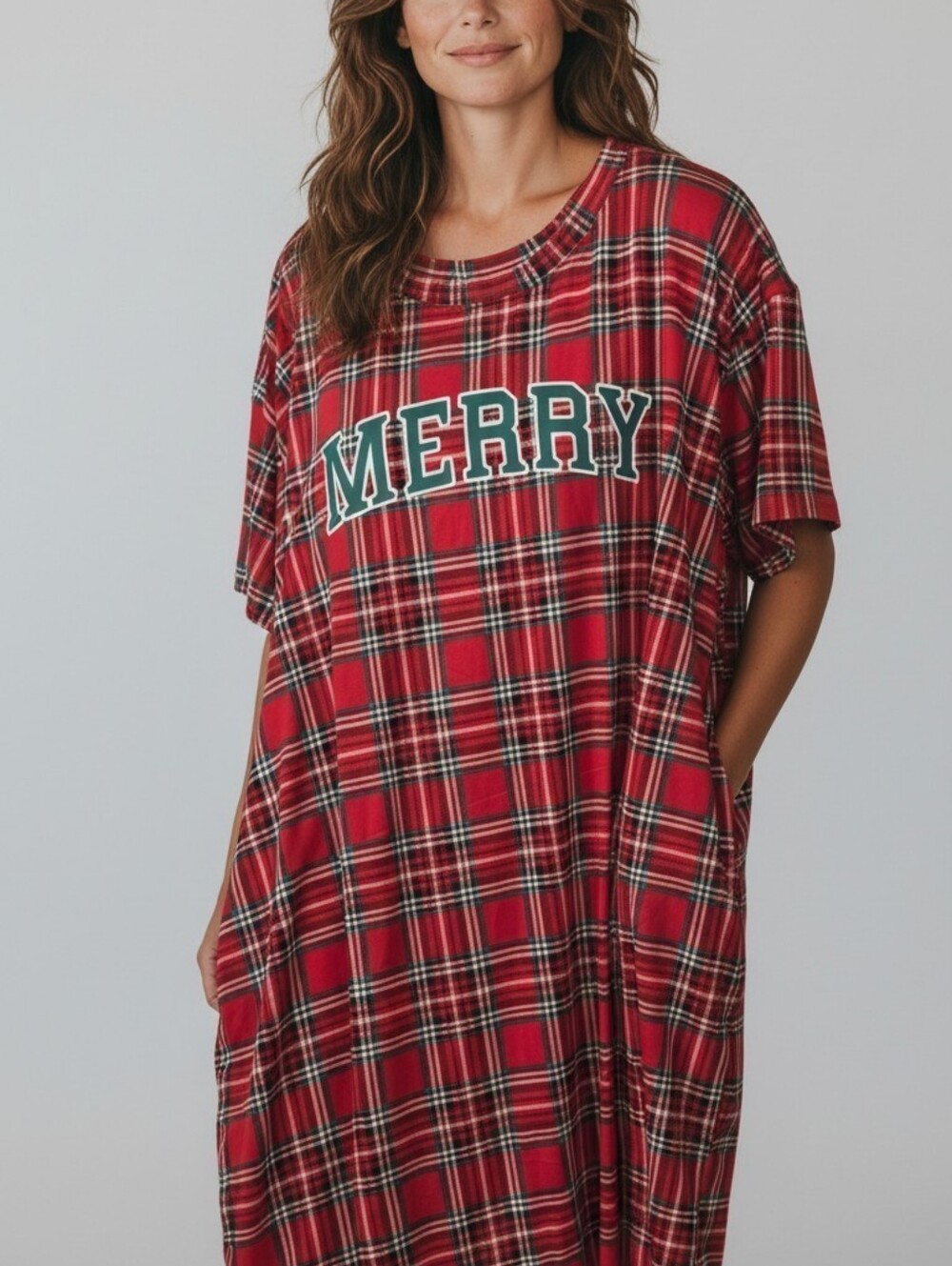 Women Red Plaid 'MERRY' Holiday Pajama Dress